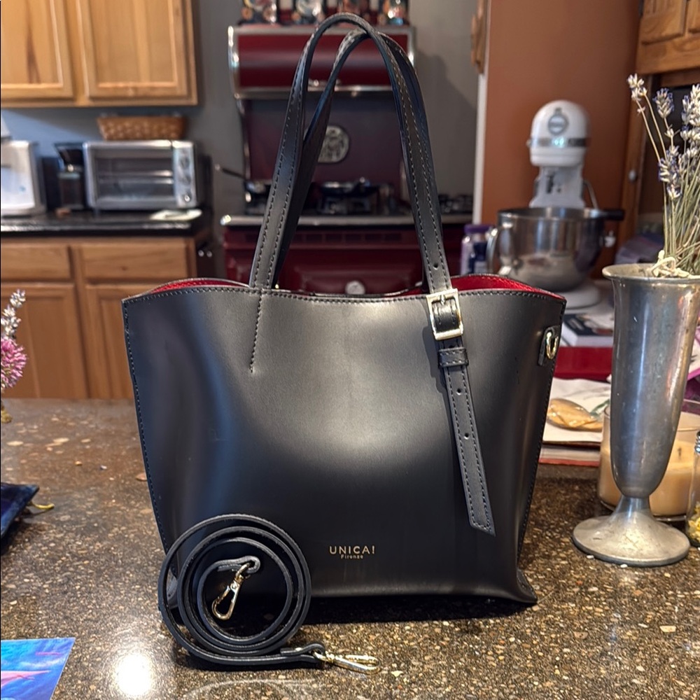 Unica! Black Leather Tote Bag with crossbody strap.  Very nice, from Florence